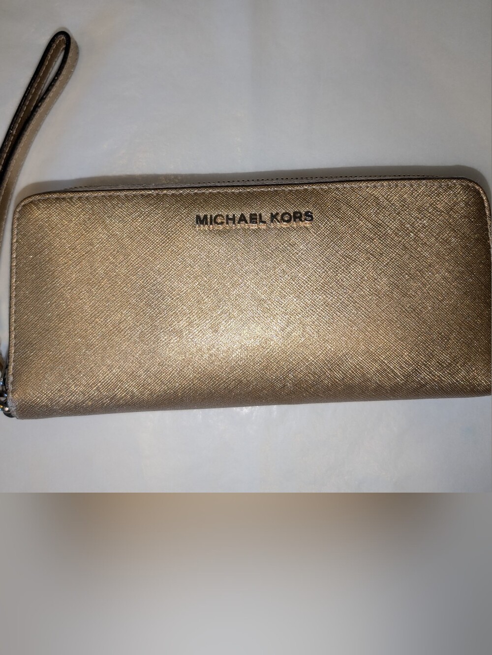 Michael Kors Jet Set Metallic Gold Saffiano Leather Zip Wallet Wristlet luxury